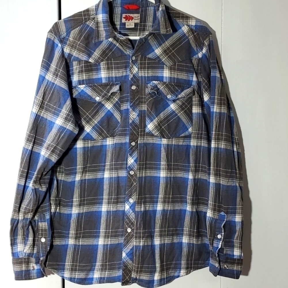 Field N Forest- Mens Pearl snap Blue/Gray Flannel Western Plaid Classic Sz.Large - Picture 1 of 6